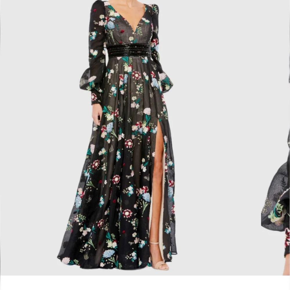MAC DUGGAL ✨ Long Sleeve Dress, Wedding Guest | black embroidery flowers